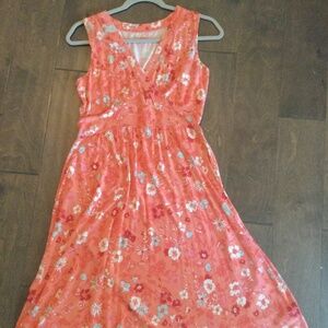 L.L Bean dress, Blue, white and burgundy flowers, pale pinkish orange Background